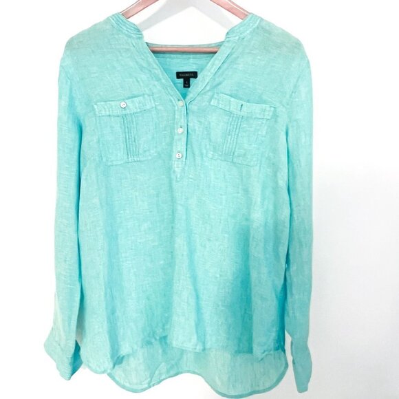 Talbots Linen Cross Dyed Tops Camp Shirt Long Roll Tab Sleeves V-Neckline - Picture 5 of 10